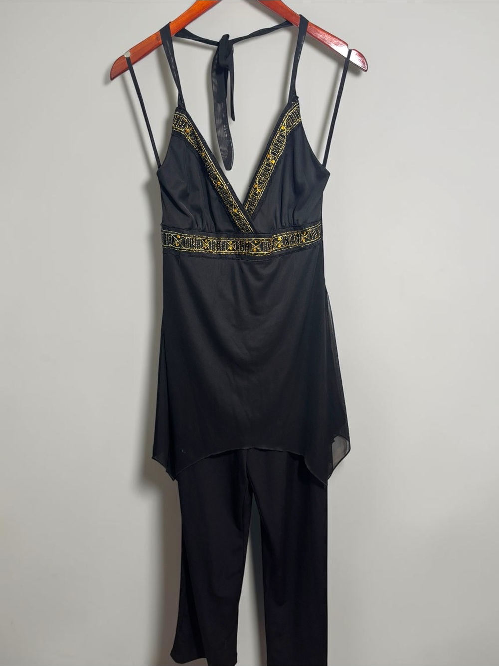 Vintage Halter Jumpsuit Black Y2K Dress Overlay Gold Embellished Made in USA M